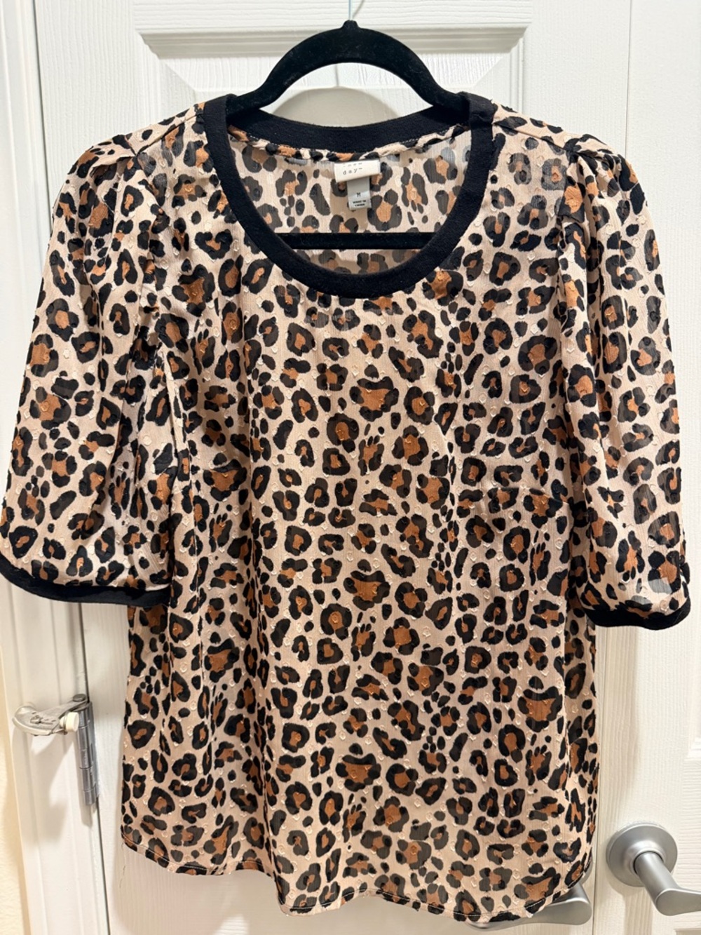 a new day Leopard Print Puff Sleeve Blouse with Black Trim